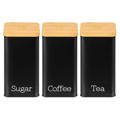 Набор 3 банок для сыпучих продуктов 1,6 л 9,5*9,5*18,5 см "Чай, кофе, сахар" черный с бамбук.крышк