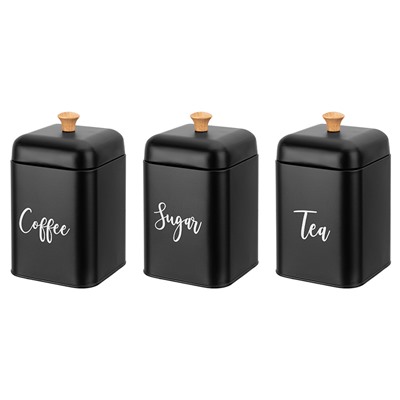 Набор 3 банок для сыпучих продуктов 1,5 л 11,2*11,2*19 см "Tea, coffee, sugar" с крышками, черный