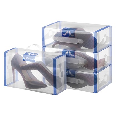 Набор 4 коробок для хранения женской обуви 30*18*10 см "Синяя кайма" складные, с ручкой