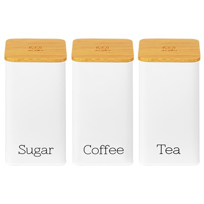 Набор 3 банок для сыпучих продуктов 1,6 л 9,5*9,5*18,5 см "Чай, кофе, сахар" белый с бамбук.крышк