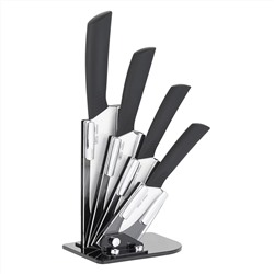 8481 GIPFEL Набор кухонных ножей с керамическими лезвиями на подставке из 5 пр. Размер лезвий ножей: 15см, 13см, 10см, 8см. Цвет ручек: черный. Цвет лезвий: белый. Материал подставки: пластик