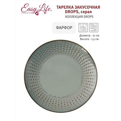 Тарелка закусочная Drops, серая, 21 см, 60305