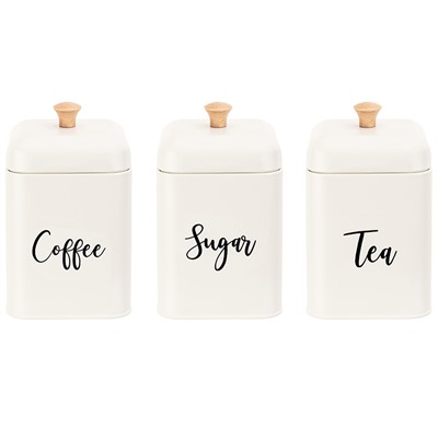 Набор 3 банок для сыпучих продуктов 1,5 л 11,2*11,2*19 см "Tea, coffee, sugar" с крышками, молочный