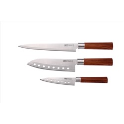 9864 GIPFEL Набор ножей JAPANESE из 3шт в деревянном боксе. Состав: нож разделочный 20см, нож сантоку 18см, нож универсальный 13см. Материал лезвия: X30Cr13. Материал ручки: полипропилен.