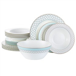 42861 GIPFEL Сервиз столовый AURORA 19 предметов: тарелка суповая 21 см (6 шт), тарелка обеденная 26 см (6 шт.), тарелка закусочная 21 см (6шт.), салатник 1800 мл, 1 шт. Материал: костяной фарфор. Цвет: белый с голубым.
