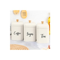 Набор 3 банок для сыпучих продуктов 1,5 л 11,2*11,2*19 см "Tea, coffee, sugar" с крышками, молочный