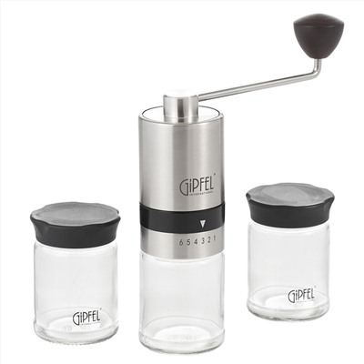 51906 GIPFEL Кофемолка ручная ESSENCE со стальными жерновами, с двумя стеклянными баночками для хранения кофе в подарочной упаковке. Материал: стекло, пластик, нержавеющая сталь 18/10.
