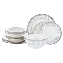 42850 GIPFEL Сервиз столовый PATRICIA 19 предметов: тарелка суповая 20 см (6 шт), тарелка обеденная 27 см (6 шт.), тарелка закусочная 21 см (6шт.), салатник 1500 мл, 1 шт. Материал: костяной фарфор. Цвет: белый с голубым.