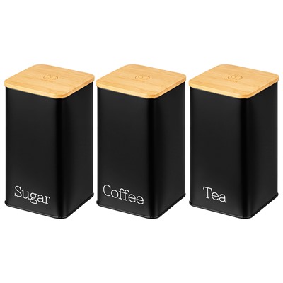 Набор 3 банок для сыпучих продуктов 1,6 л 9,5*9,5*18,5 см "Чай, кофе, сахар" черный с бамбук.крышк