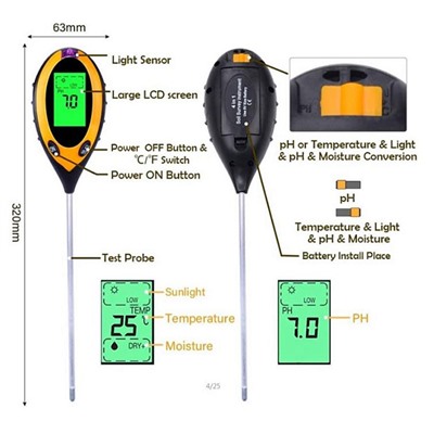 Цифровой тестер состояния почвы OEM LCD 4 в 1 для садоводов (освещенность, влажность, кислотность, температура).