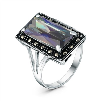 Кольцо из чернёного серебра с плавленным кварцем цвета мистик и марказитами GAR0025